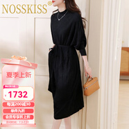 NOSSKISS春季黑色連衣裙女2025新款洋氣設(shè)計(jì)感打底衫不規(guī)則蝙蝠袖毛衣裙子 黑色 M 90-105斤