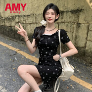愛麥依網(wǎng)紅超好看假兩件短袖連衣裙女夏季小個子修身顯瘦褶皺A字裙 黑色短款  M 90-105斤