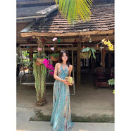 接運貓波西米亞風(fēng)露背掛脖連衣裙女夏季度假裙修身高腰長(cháng)裙休閑a字裙子 圖片色 S