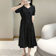 緒妍 XERL YENE青島即墨連衣裙年輕款棉綢中短裙夏季高腰碎花人造棉寬松大裙擺女 黑色小點 3XL 130斤以下