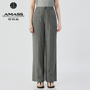 阿瑪施（AMASS）女裝2025春夏新款腰頭兩側(cè)松緊亞麻直筒休閑長褲女510052 深灰條 XL (5碼)