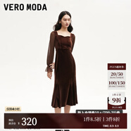 VEROMODA連衣裙2024秋季女裝新款天鵝絨拼接網(wǎng)紗魚(yú)尾長(zhǎng)裙鉆石領(lǐng)東方簡(jiǎn)奢風(fēng) 紗袖絲絨裙-苛熱棕色 S