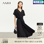 AMII2025夏新款V領(lǐng)解構不對稱(chēng)收褶連衣裙女荷葉袖短袖收腰小黑裙 黑色 160/84A/M