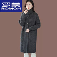 羅蒙（ROMON）羊毛衫女秋冬新款寬松顯瘦開衫中長款粗線翻領(lǐng)針織羊絨毛衣外套女 深灰色 L 【建議95-105斤】