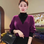 歐貨高級(jí)感假兩件拼色蝙蝠衫毛衣女2025秋冬新款半高領(lǐng)針織衫上衣 紫色 2XL