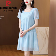 皮爾卡丹（pierre cardin）夏季新款時尚方領天絲短袖連衣裙純色提花肌理感A字裙MM薄款裙子 天藍色 L 95-105斤