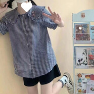 UKUHPK復(fù)古做舊大口袋牛仔吊帶連衣裙女學(xué)生娃娃領(lǐng)襯衫兩件套 格子襯衫 S