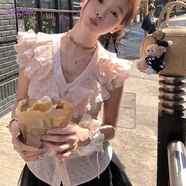 法舒琳法式溫柔風(fēng)荷葉邊V領(lǐng)波點(diǎn)無(wú)袖上衣女夏季新款設計感小眾短款襯 粉紅色 M 建議95-105斤