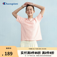 Champion冠軍短袖t恤女25春夏刺繡純棉純色百搭白色正肩t恤 粉色 M