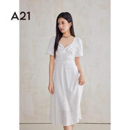 A21女裝V領(lǐng)泡泡袖A擺梭織連衣裙夏季氣質(zhì)休閑黑色裙子 白色 L