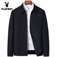 花花公子（PLAYBOY）春秋休閑男士外套爸爸裝上衣中年男士外套40-50歲中老年夾克男裝 官方旗艦拉鏈502翻領(lǐng)-黑【面料】 XL 180(125-140斤)
