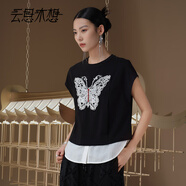 云思木想Ysimo-X摩登國風(fēng)2025夏季新款假兩件蝴蝶刺繡T恤女13008 黑白色 S