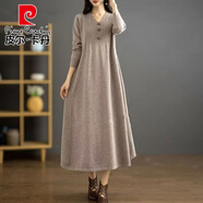 皮爾卡丹秋冬新款女V領(lǐng)洋氣媽媽裝針織毛衣大擺裙大碼寬松長(cháng)款過(guò)膝連衣裙 駝色 均碼