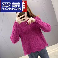 羅蒙（ROMON）羊絨衫女秋裝新款韓版寬松套頭圓領(lǐng)麻花打底衫百搭短款羊毛毛衣女 玫紅色 XL