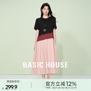 Basic House/百家好撞色休閑夏季新款寬松顯瘦氣質(zhì)感短袖連衣長(zhǎng)裙 黑拼朱古粉韻 XL