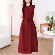 大品牌經(jīng)典無(wú)袖絲綢連衣裙的婦女夏季媽媽加碼腹部覆蓋長(zhǎng)及膝桑蠶 紅色 S(建議92斤以下) 均碼