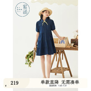 紫涵（ZIHAN）紫涵印花襯衫連衣裙女夏季文藝森系短袖單排扣寬松A字裙 牛仔藍 S