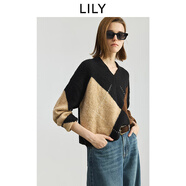 LILY2025秋新款女裝含羊毛復(fù)古學(xué)院風(fēng)幾何撞色提花V領(lǐng)針織衫毛衣 510黑 S