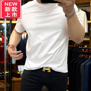 PLAYYOUNG國際品牌男裝高端藍色修身絲圓領(lǐng)短袖男士T恤絲光棉高端冰絲滑 100支白色 S 適合90-110斤