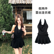 貞喜氣蕩領(lǐng)小黑裙假兩件蕾絲連衣裙夏季掛脖海邊度假風(fēng)短裙赫本風(fēng)裙子 花朵蕩領(lǐng)掛脖連衣裙黑色 L 建議95-115斤