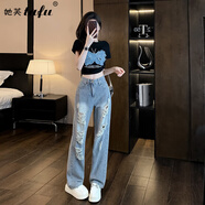 她芙（tafu）品牌女裝套裝女2025夏季新款短款t恤寬松顯瘦破洞直筒闊腿牛仔褲 黑色T+淺藍牛仔褲 M 100-110斤