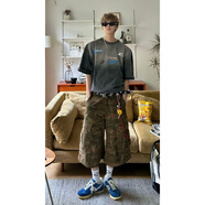 卡悠萊七分褲男休閑牛仔短褲美式復(fù)古夏季薄款潮牌多口袋工裝闊腿分褲 綠色 S適合90-105斤 均碼
