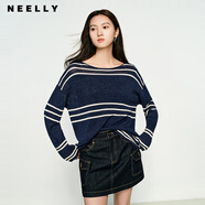 NEELLY納儷商場(chǎng)同款春季新款條紋一字肩針織衫女圓領(lǐng)顯白修身毛衣 藏青條紋 S