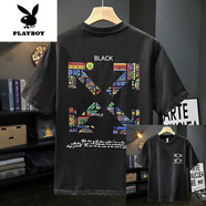 花花公子（PLAYBOY）中國風(fēng)2025夏季棉短袖T恤男刺繡圓領(lǐng)體恤青年寬松黑打底衫新品 印花箭頭3204黑 M
