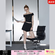 UNIFREE一字肩短袖T恤可露麗穿搭復(fù)古燙鉆性感短款上衣 黑色  L 