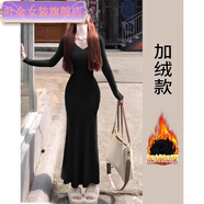葉余V領(lǐng)長(cháng)袖魚(yú)尾針織連衣裙初春性感純欲風(fēng)收 黑色v領(lǐng)魚(yú)尾裙 S
