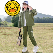 G.duck3-14歲童裝女童秋裝套裝兒童工裝外套褲子兩件套春秋款女孩衣服 軍綠色 160