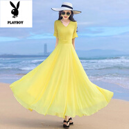 花花公子（PLAYBOY）V領(lǐng)連衣裙2025新款中袖雪紡長裙大擺仙女裙喇叭袖波西米亞沙灘裙 黃色 M
