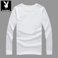 花花公子（PLAYBOY）秋冬季新品德絨男士保暖長袖T恤簡約時尚V領秋衣男生純色上衣男裝 圓領純白長袖(普通版) M 建議80-斤