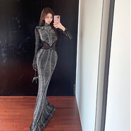 冉藝嵐同款晚宴禮服女高端優(yōu)雅連衣裙秋季歐美時(shí)尚重工燙鉆修身網(wǎng)紗長裙 黑色 L