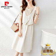 皮爾卡丹（pierre cardin）品牌2025夏季新款時(shí)尚韓版顯瘦百搭氣質(zhì)條紋撞色拼接假兩件連衣裙 米色 XL