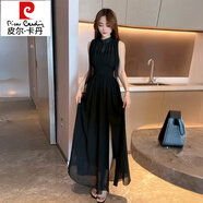 皮爾卡丹（pierre cardin）高級感飄帶掛脖無袖連衣裙女2025夏季新款法式氣質(zhì)開叉收腰長裙子 黑色連衣裙 L 建議110-120斤