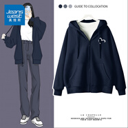 真維斯（JEANSWEST）衛(wèi)衣女春秋季新款外套女開衫連帽情侶男女裝上衣服小個(gè)子休閑寬松 藏青 愛心線白_K M