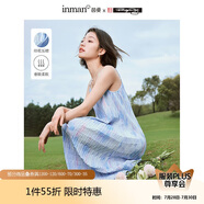 茵曼2025夏季女裝法式吊帶印花壓褶連衣裙子女士高級長裙 湖藍色 L