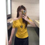 可可里小姐斜領(lǐng)掐腰短袖T恤女裝夏季韓系收腰露肩肌理感上衣chic 黃色 S