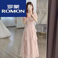 羅蒙雪紡連衣裙女2025春夏新款法式溫柔甜欲風(fēng)超仙女花邊收腰過(guò)膝長(zhǎng)裙 粉紅色 S
