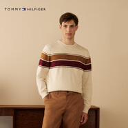 TOMMY HILFIGER【柔軟純棉】25秋冬男撞色條紋學(xué)院風(fēng)針織衫/情侶款純色毛衣 【撞色條紋】米白色AFA L （推薦：150-165斤）