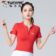啄木鳥(niǎo)運動(dòng)T恤女夏季新款楊麗萍廣場(chǎng)舞上衣速干修身跳健身操鬼步舞衣服 半拉鏈大紅短袖 修身 選大一碼 2XL (115-125)