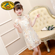 G.duck小黃鴨女童改良旗袍春夏中國風(fēng)兒童中式禮服小女孩公主連衣裙唐裝 香檳色繡牡丹_拼接網(wǎng) 150