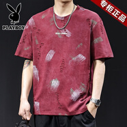 花花公子（PLAYBOY）重磅提花破洞潮牌短袖t恤男士夏季2025新款大碼高端衣服上衣體恤 安克拉紅 M 【合適100-120斤】