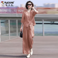 啄木鳥(niǎo)闊太太夏裝冰絲棉麻休閑套裝女洋氣減齡中年媽m媽大d碼哈倫褲兩件 摩卡慕斯【上衣+褲子】套裝 M (建議穿85-100斤)