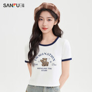 三福（SANFU）短袖T恤女2025新款夏季美式印花撞色短款圓領(lǐng)上衣女裝 米白-小熊 M