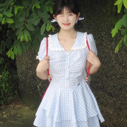 沂懿連衣裙女裙子夏季新款小個(gè)子顯瘦a字設(shè)計(jì)感襯衫裙海邊度假風(fēng)女裝 格紋娃娃領(lǐng)不規(guī)則連衣裙【藍(lán)色】 L 【建議105-115斤】