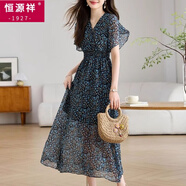 恒源祥法式優(yōu)雅荷葉袖收腰抽褶雪紡裙子女夏季2025新款碎花連衣裙女 藍(lán)色 M