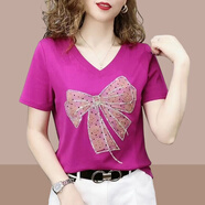 阿瑪施AMASS哥弟適用短袖t恤女士2025夏季新款時(shí)尚V領(lǐng)洋氣百搭修身顯瘦短款上 火龍果色 L L（建議100斤-115斤）