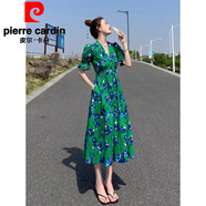 皮爾卡丹感法式碎花連衣裙女2026夏季新款氣質(zhì)流行長(cháng)款收腰顯瘦長(cháng)裙子 綠色碎花 L